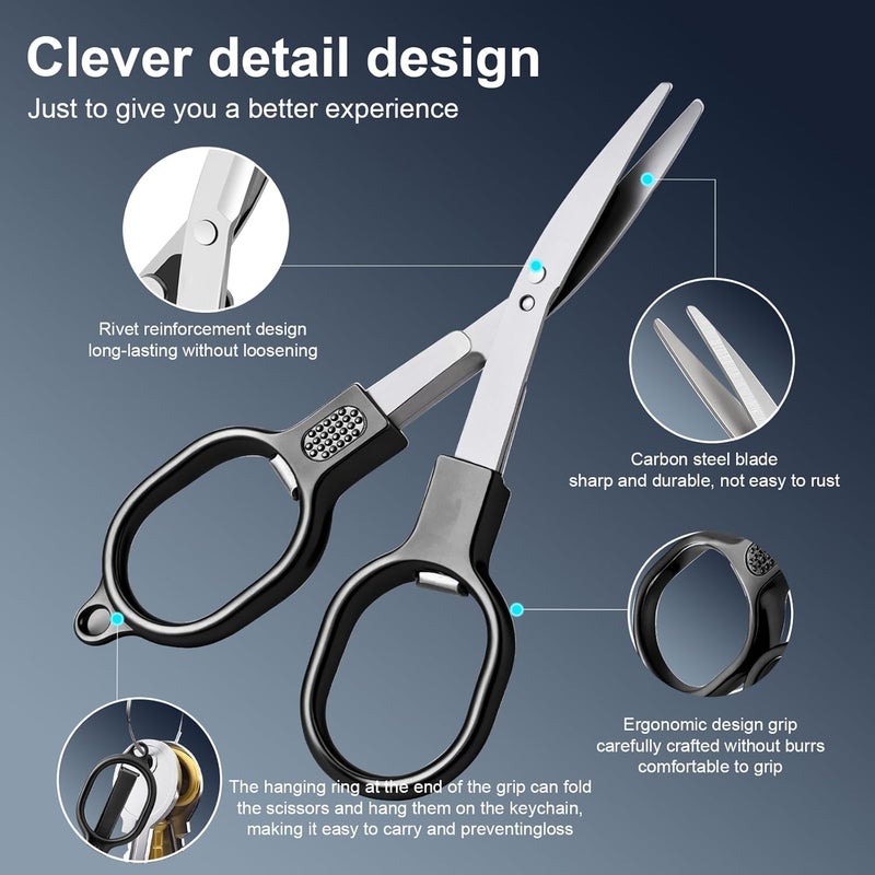 BSADIY 2 Pcs Folding Stainless Steel Portable Mini Travel Scissors, Safety Foldable Pocket Badge Small Scissors All Purpose with 2 Keychain for Travel, Office, Craft, Sewing, Nurse Accessories (Gray Black) - Image 2